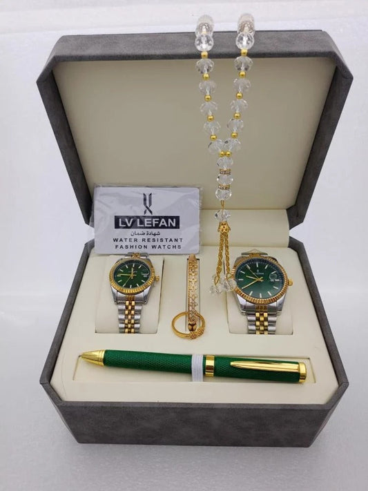 'Men's Stainless Steel Set: Watch, Rosary, Pen & Cufflinks'