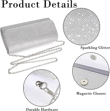 Women's Clutches, Elutch Bag Silver Handbag Purse with Detachable Chain Strap, Elegant Sequins Clutch Bags for Women Wedding Bridal Prom Ladies Evening Bag for Women, Valentine's Day Gifts