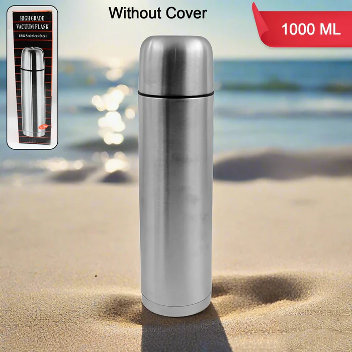 Vacuum Flask Without Cover, 188 Stainless Steel Hot and Cold Water Bottle with Push-Down Lid Double Walled Stainless Steel Bottle for Travel, Home, Office, School, Picnic (1000 ML Without Cover)