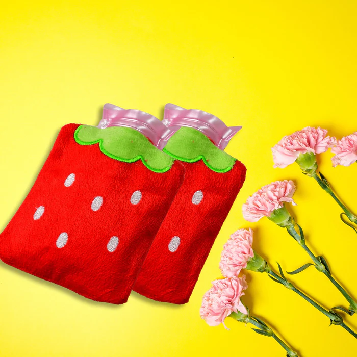 6516 Strawberry small Hot Water Bag with Cover for Pain Relief, Neck, Shoulder Pain and Hand, Feet Warmer, Menstrual Cramps.