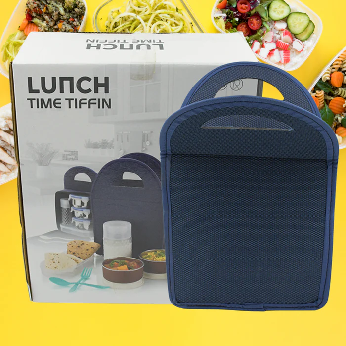 5773 6In1 Tiffin Box-Lunch Box 3 Stainless Steel Containers Plastic lid Box Spoon & Fork Plastic Bottle Insulated Fabric Bag Leak Proof Microwave Safe for Office, College and School for Men, Women (6 pcs)