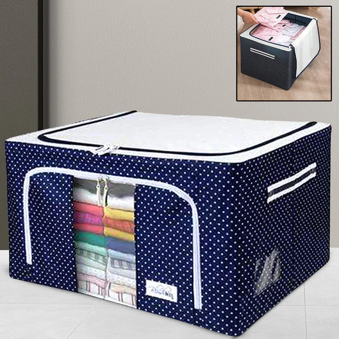 17641 Foldable Steel Frame Clothes Living Storage Organizer Handled Bag Box for Large Size Bedding, Blankets, Women Saree, Toys & Cloth Storage Box Bag (66 Liter)