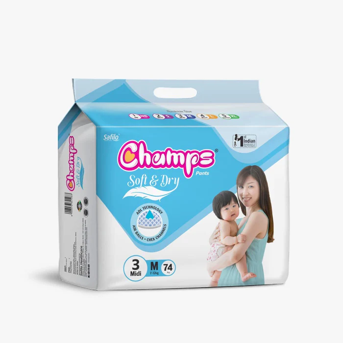 0959 Champs Soft and Dry Baby Diaper Pants 74 Pcs (Medium Size M74)